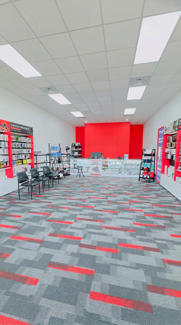Wide view of the Katy repair shop showroom and waiting area